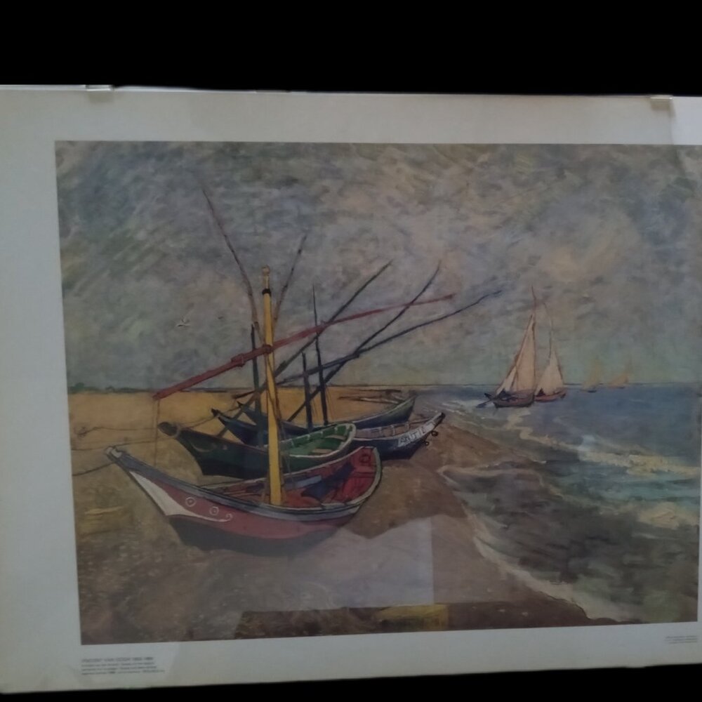 Framed print of Van Goghs "Boats on the beach"